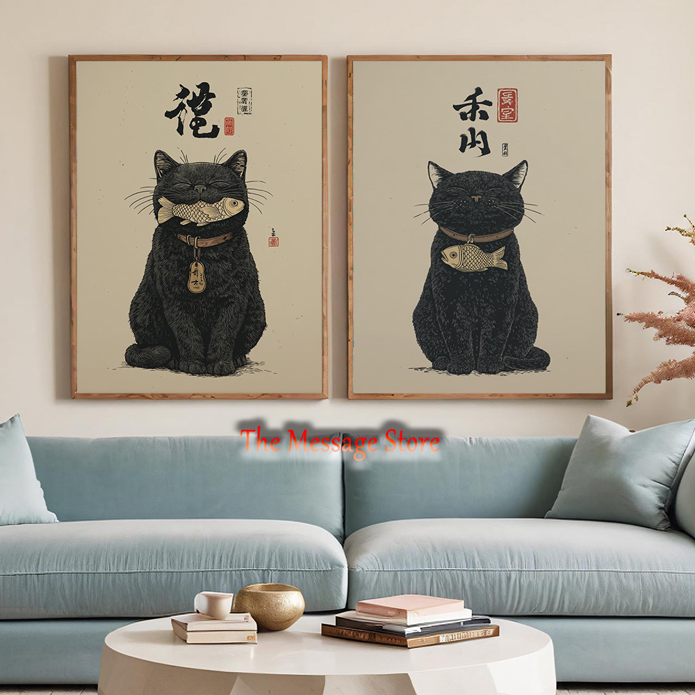 Japanese Lifestyle And Traditions - Siyah Şanslı Kedi Ukiyo-e Japon Balık
